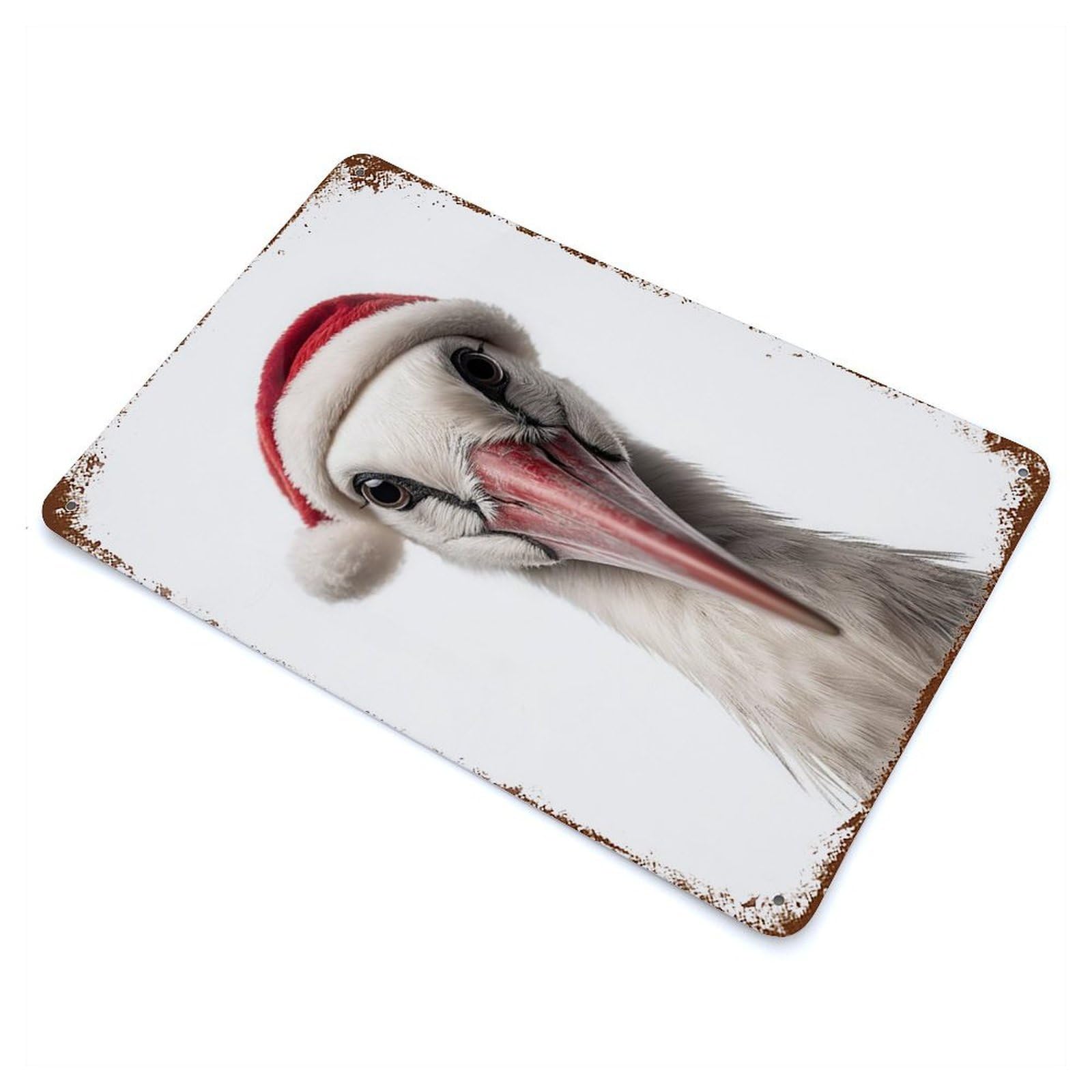 Stork with Santa Hat Rustic Tin Plaque 11.8"x7.9", Ideal for Shed, Workshop And Garage Wall Decor