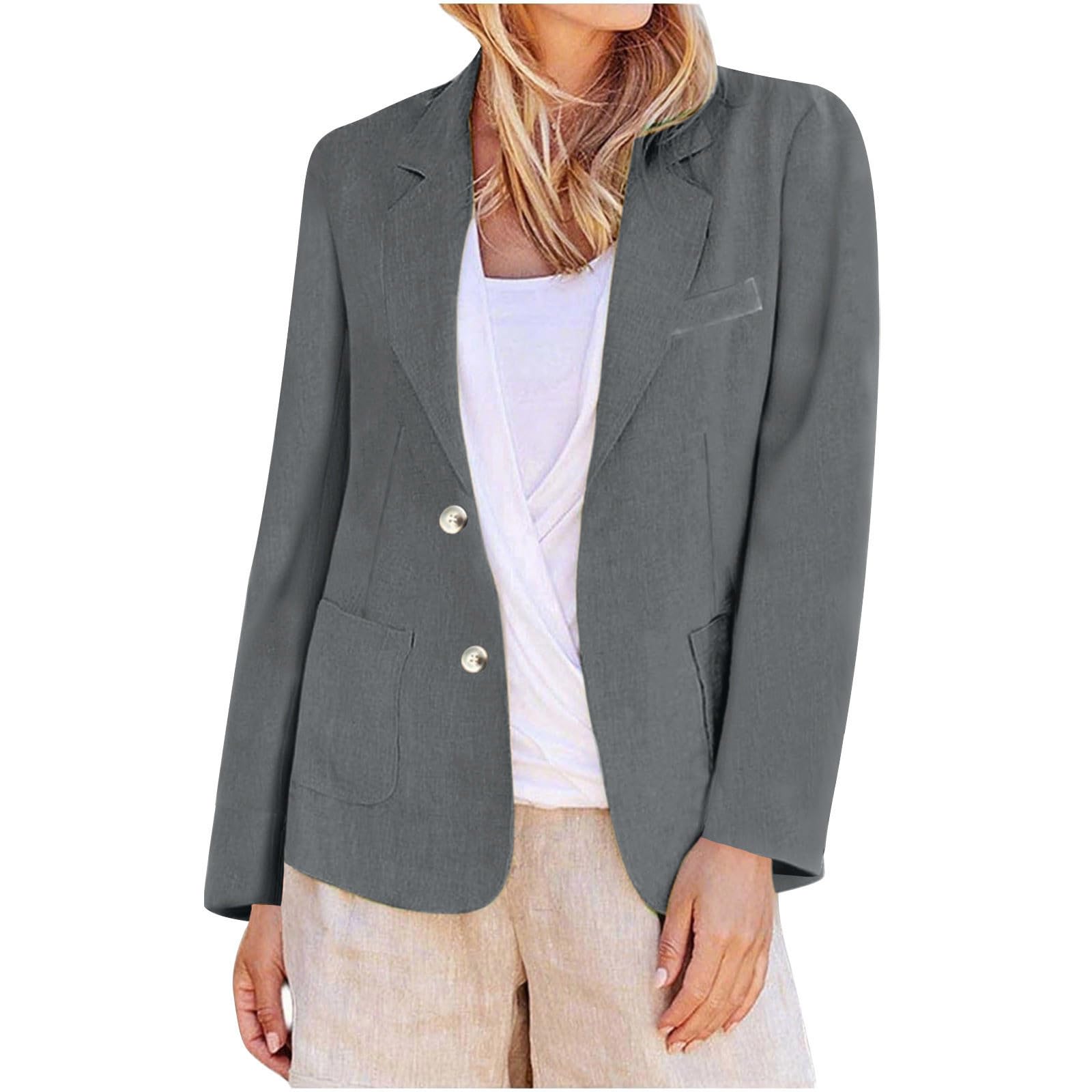 Cotton Linen Blazer for Women Lightweight Button Long Sleeve Blazers Business Casual Suit Jacket with Pockets