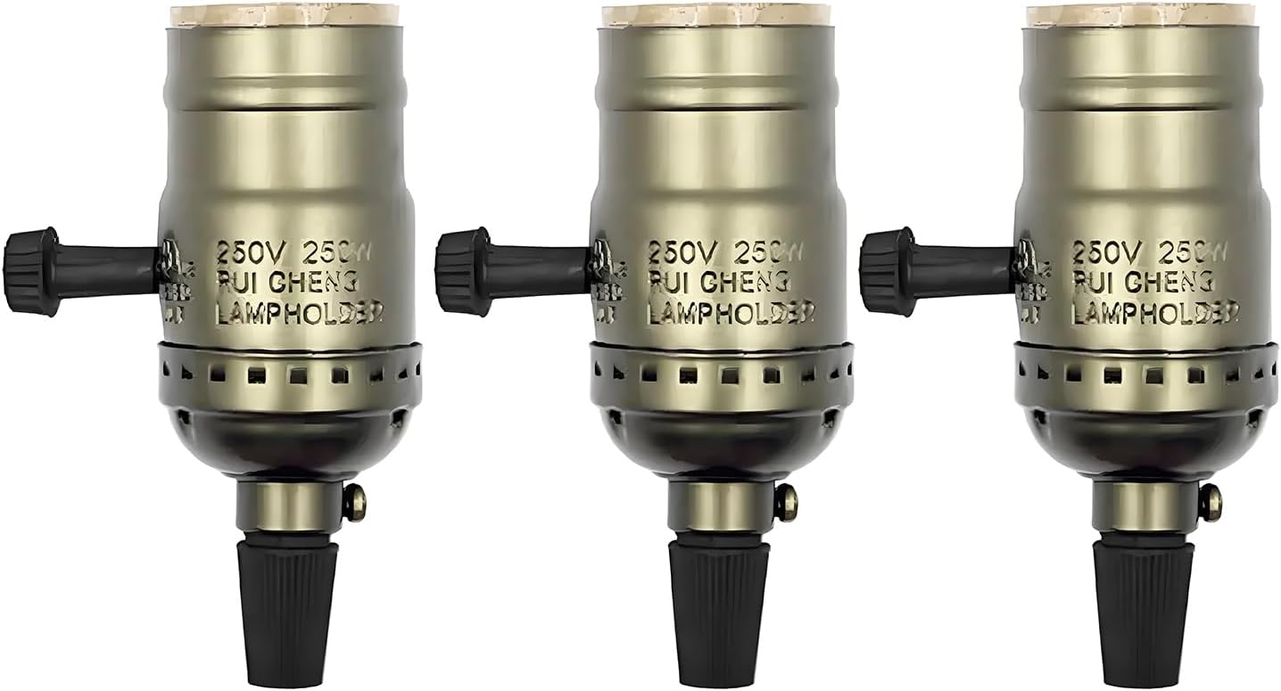 FINELED 3 Pack E26/ E27 Aluminous Shell Vintage Bronze Edison Pendant lamp Holder,DIY Accessories E26 Screw Medium Base Light Socket with Knob Switch (Antique Brass)