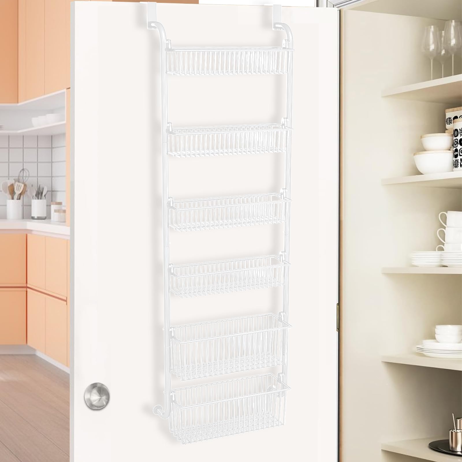 Organizador de Almacenamiento Sobre Puerta, Estante de Especias Sobre Puerta de 6 Niveles, Organizador de Latas de Especias de Metal para Cocina, con Ventana Transparente para Colgar en la