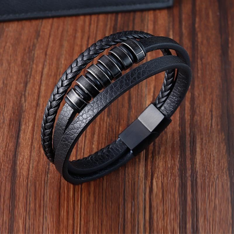 Image of THE MEN THING Leather Bracelet for Men - American Style Genuine Leather Multi-Layer Braided Bracelet with 100% Stainless Steel Magnetic Buckle for Men & Boys (8 inch)