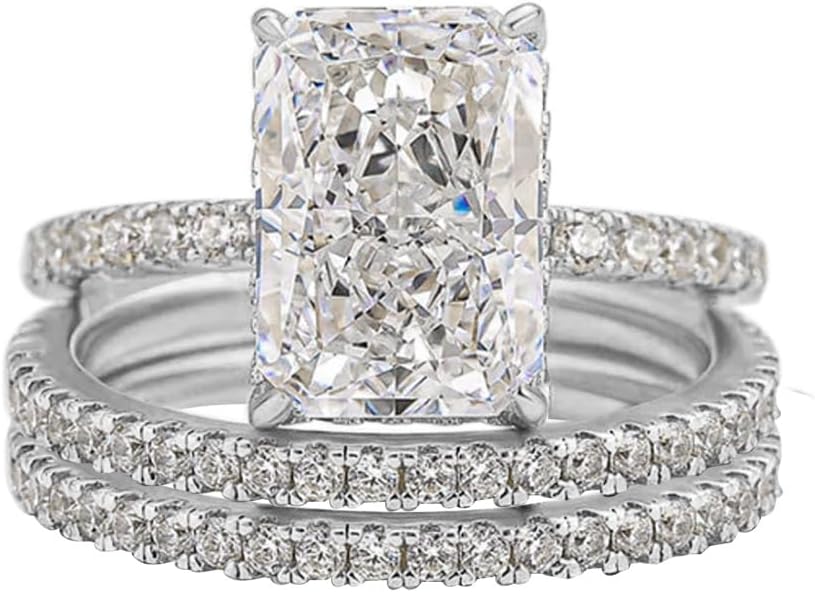 3.5CT Radiant Cut Engagement Rings for Women, D Color VVS1 Solitaire AAAAA CZ Simulated Diamond Ring, 18K White/Yellow Gold Plated Lab Grown Diamond Wedding Bands Set