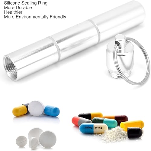 Miniatura 4 de Pastillero, pastillero para bolso, contenedor de píldoras pequeño de aleación de aluminio, botella de píldora impermeable con llavero, contenedor