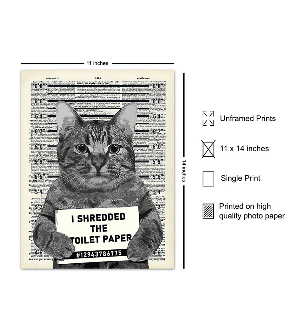 Cute Cat Bathroom Art 11x14 - Cat Themed Bathroom Wall Decor - Small Bathroom Art Print - Cat Poster, Mugshot Poster - Bathroom Decor for Men - Funny Cat Lover Gifts - Restroom Wall Art Picture Photo