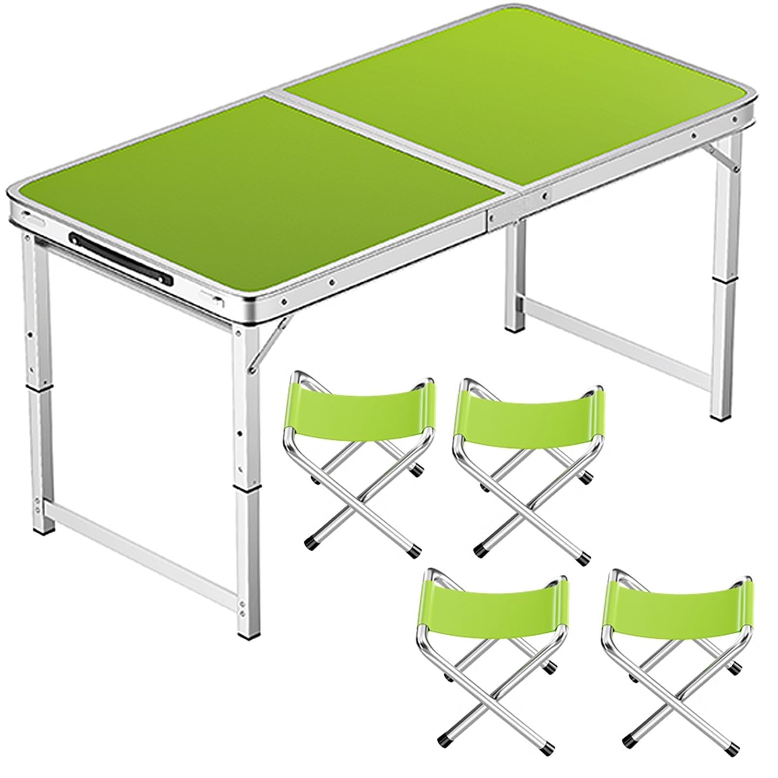 Regulowany aluminiowy stół składany – przenośny stół kempingowy na zewnątrz z uchwytem, idealny na imprezę biurową, piknik, ślub (100 x 50 cm, zielony + 4 stołki)