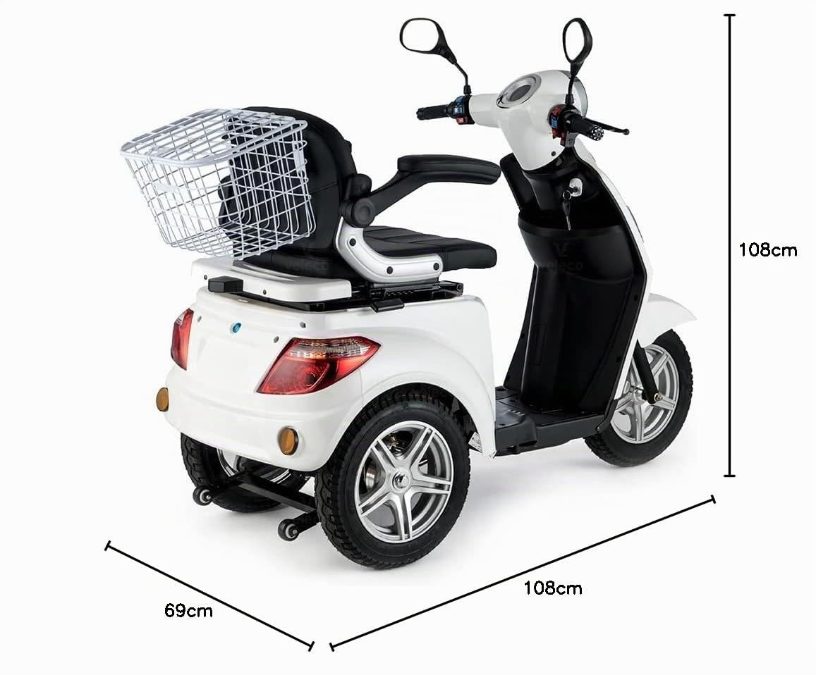 VELECO ZT15 - Scooter de movilidad de 3 ruedas - Totalmente ensamblado y listo para usar - Freno electromagnético automático - Velocímetro LED (BLANCO)