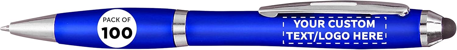DISCOUNT PROMOS Custom Plastic Stylus Pens Set of 100, Personalized Bulk Pack - Black Ink, Great for Office, School, Business, Tradeshows, Events - Blue