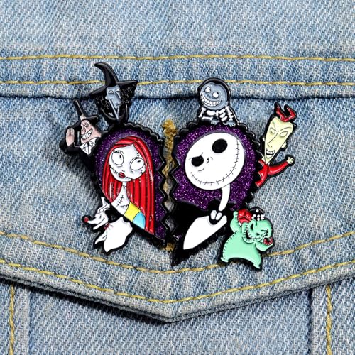 Image of 2 Pcs Halloween Town Enamel Pins Set - Spooky Skeleton & Stitched Doll Lapel Pins, Gothic Cartoon Brooch for Backpacks, Hats, Jackets, Holiday Cosplay Costume Accessories, Gift for Horror Movie Fans