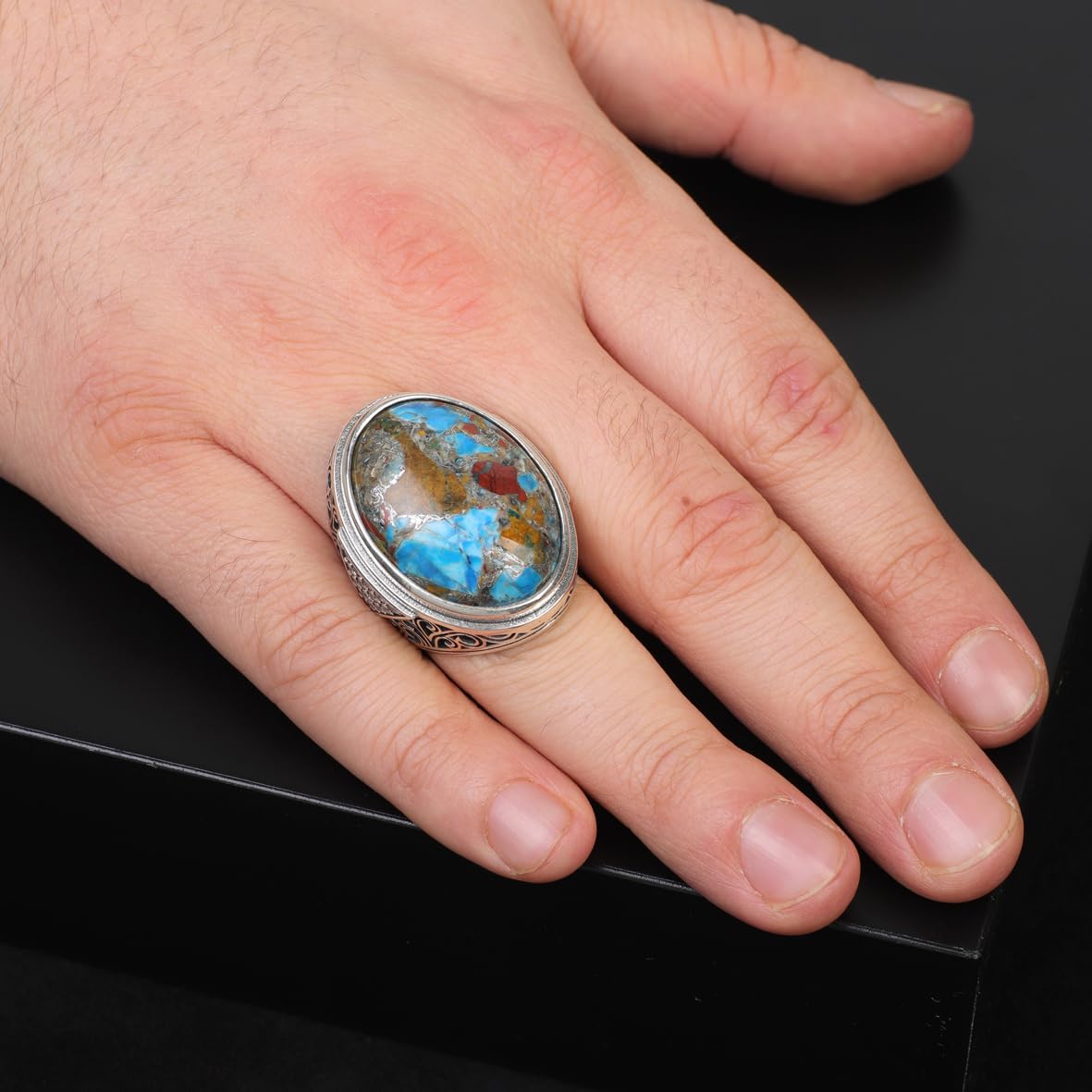 Anello da uomo in argento sterling con turchese – Anello speciale con grande pietra preziosa con grosso design ottomano, micro zaffiro, incisione personalizzata (36)