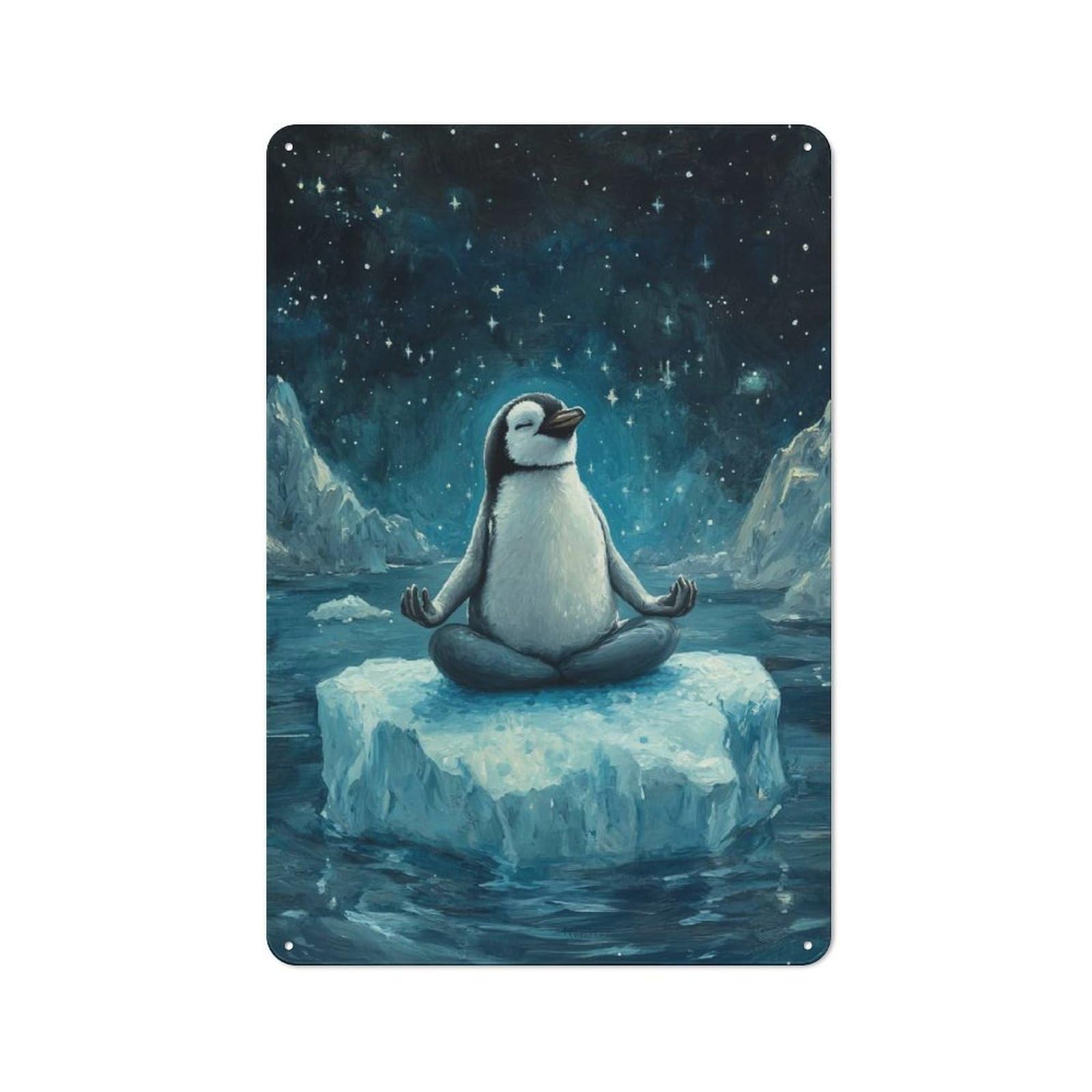 Meditating Penguin Tin Wall Plaque 30x20cm, Barn Style Rustic Kitchen Decor for Farmhouse Kitchen, Pantry Or Dining Area