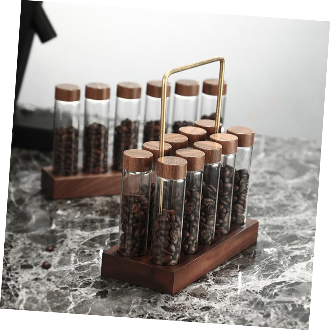 Luftdichtes Glas Kaffeebehälter Satz mit Holzständer Aufbewahrungsröhrchen für Kaffeebohnen Aromaschutz Platzsparend für Küche und Haushalt