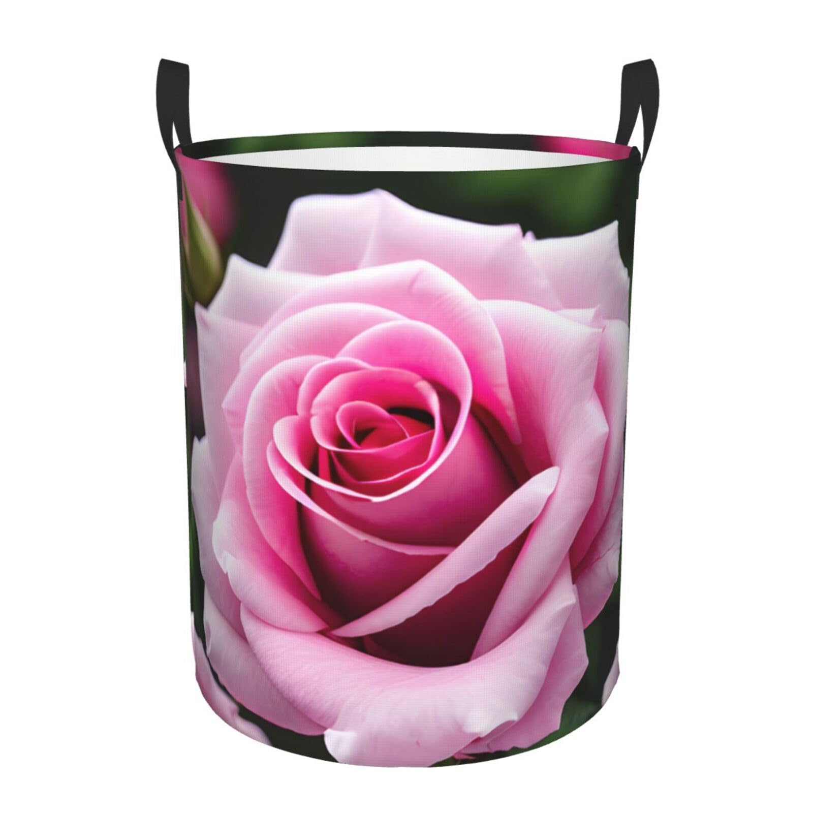 M Collapsible Round Pink Rose Blossom Print Laundry Hamper