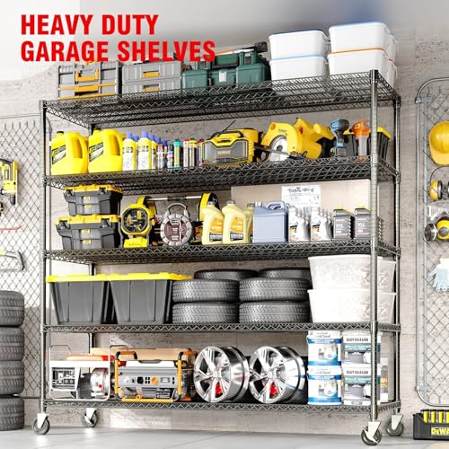 Image of GarveeTech 5-Tier Wire Storage Shelves with Wheels, 3300LBS Heavy Duty Metal Shelving Unit with Adjustable Storage Shelves for Home, Pantry & Warehouse, Easy Assembly, 82.6 inch H x 59W x 23.6 inch D