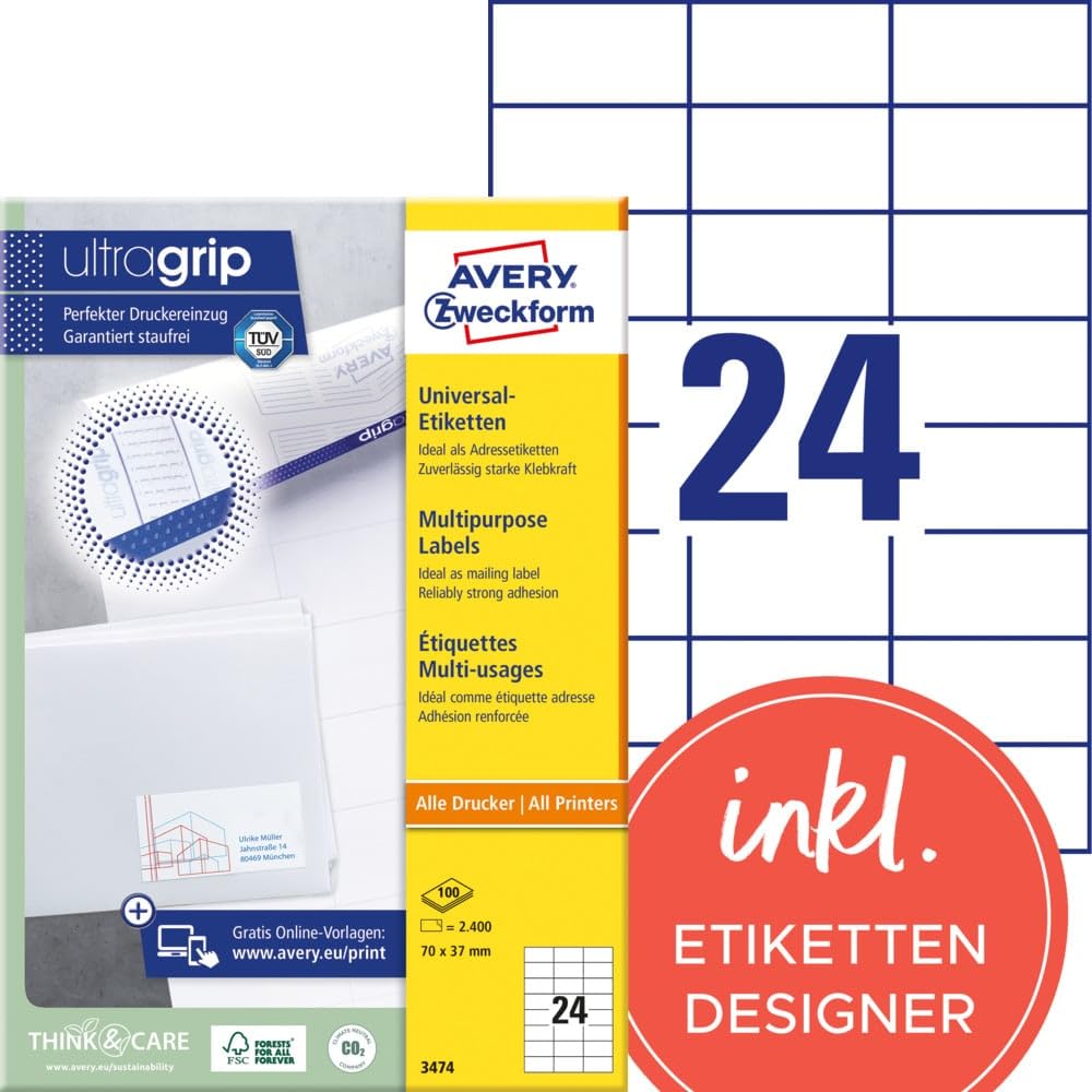 AVERY Zweckform LR3657 Recycled Labels (4,000 Adhesive Labels, 48.5 x 25.4 mm on A4, 100% Recycled Paper, Individually Printable, Self-Adhesive Stickers), 100 Sheets, Natural White
