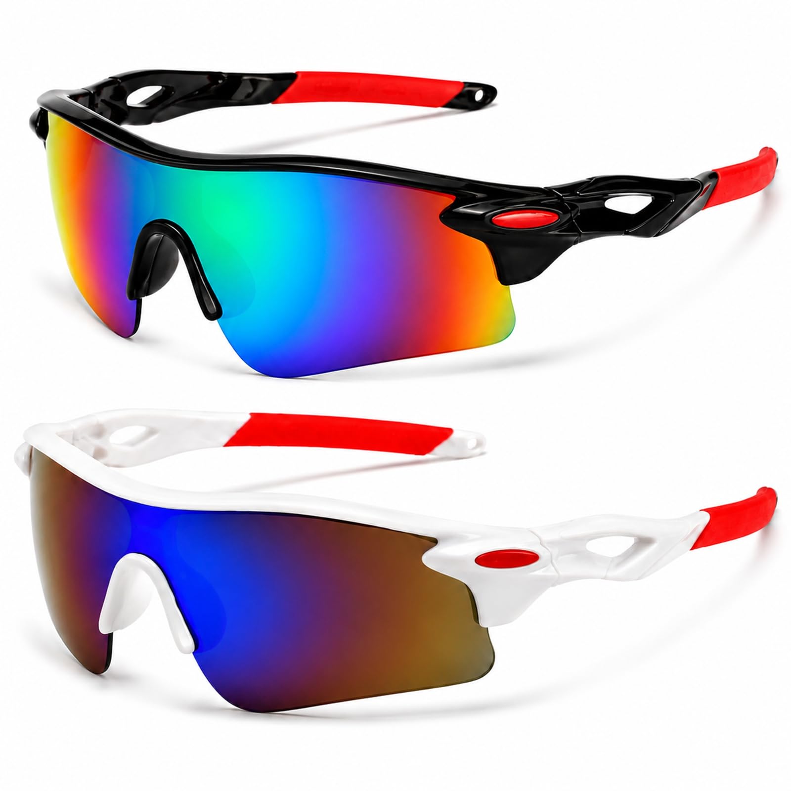 WHJYCC 2 Pack Kids Sports Sunglasses, UV400 Wraparound Visor Eyewear for Boys, Girls and Teens, Lightweight Secure Fit for Running, Cycling, Baseball and Football, Black/Red and White/Red