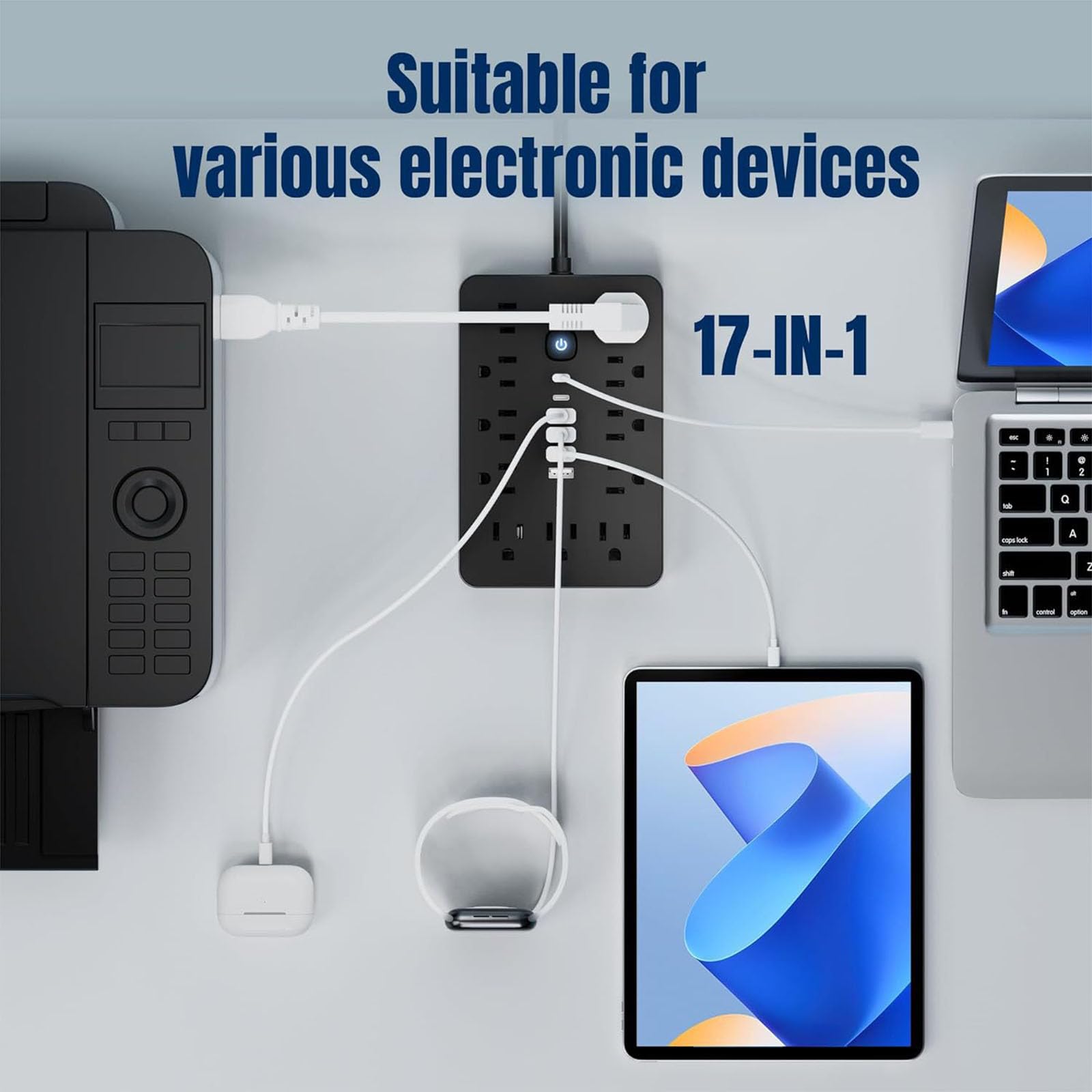 Generic Listwa przeciwprzepięciowa 17 w 1, Listwa zasilająca z portami USB, Listwa przeciwprzepięciowa z płaską wtyczką, Gniazdka z przełącznikiem,White 3m