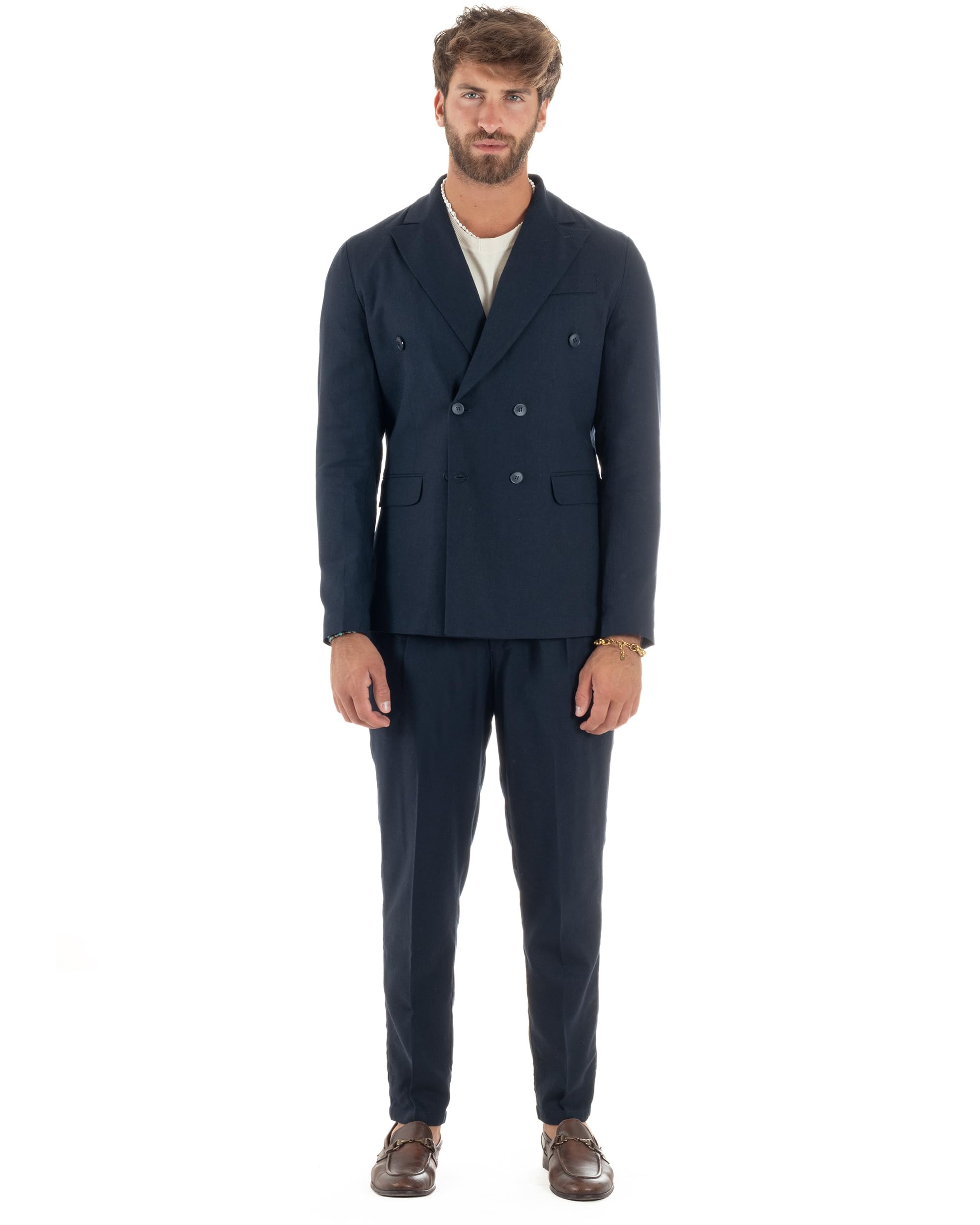 Abito Uomo Lino Elegante Sartoriale Giacca Doppiopetto Pantalone Classico Tinta Unita Vari Colori