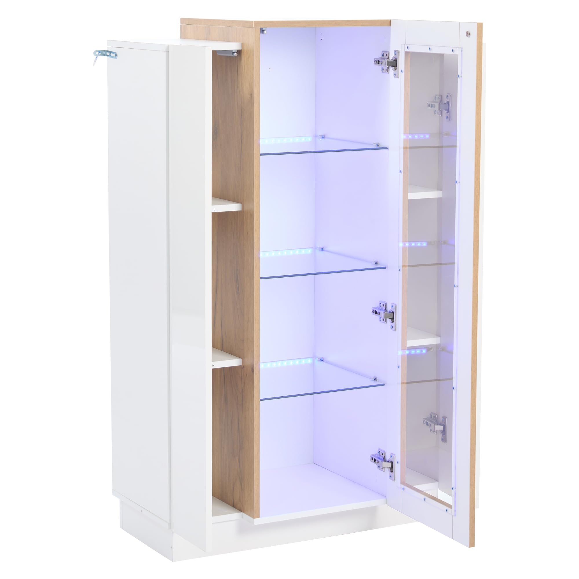 74 x 40 x 120 cm, armario de salón con 3 puertas, puertas transparentes, vitrina brillante con LED, estantería con estantes de cristal y cajón, vitrina de pie con una altura de 120 cm