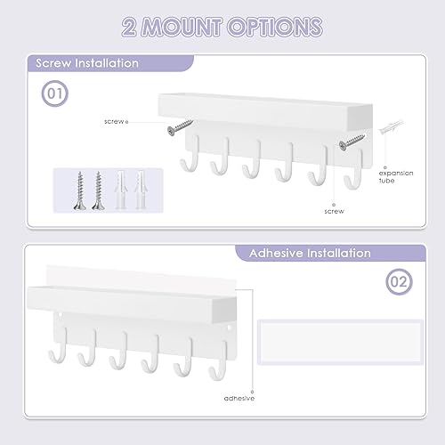 Miniatura 2 de VIS'V Soporte para llaves de pared, soporte adhesivo compacto para llaves con bandeja, 6 ganchos, 2 opciones de montaje, color blanco