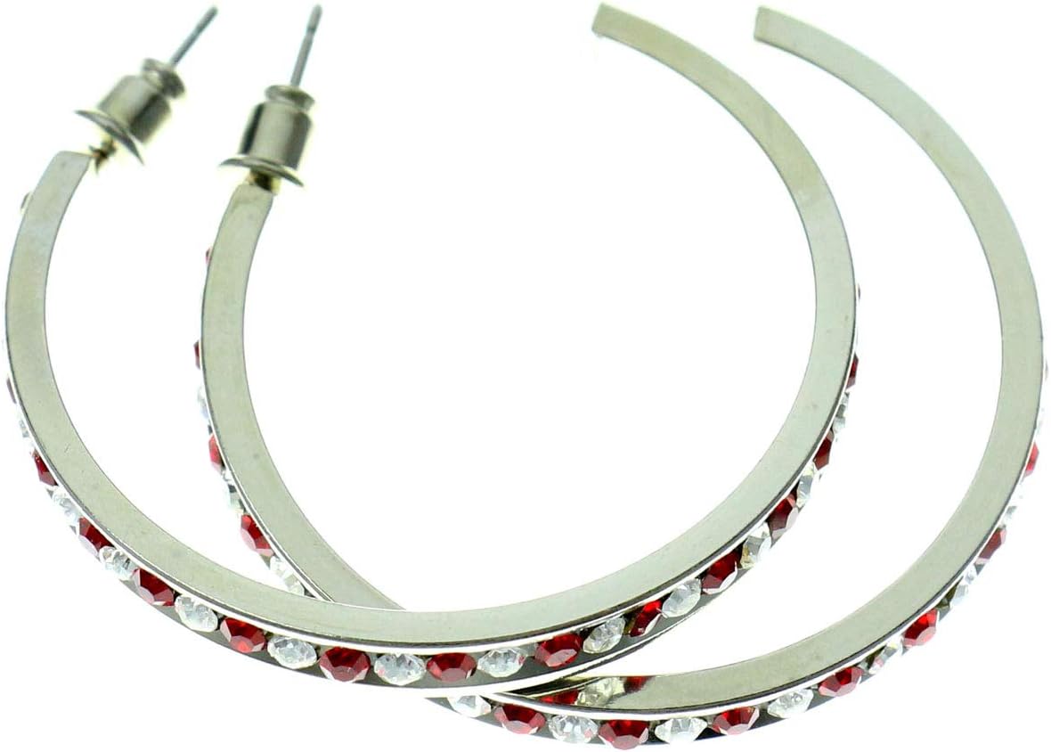Large Hoop Earrings With Sparkling Red & Clear Faceted Crystal Silver-Tone