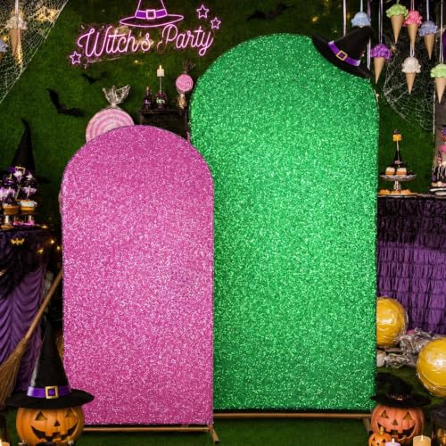 Leinuosen Set of 2 Sequin Pink and Green Arch Backdrop Cover 5ft and 6ft Witch and Princess Theme Party Arch Backdrop Cover Spandex Stand for Witch Princess Party Supplies