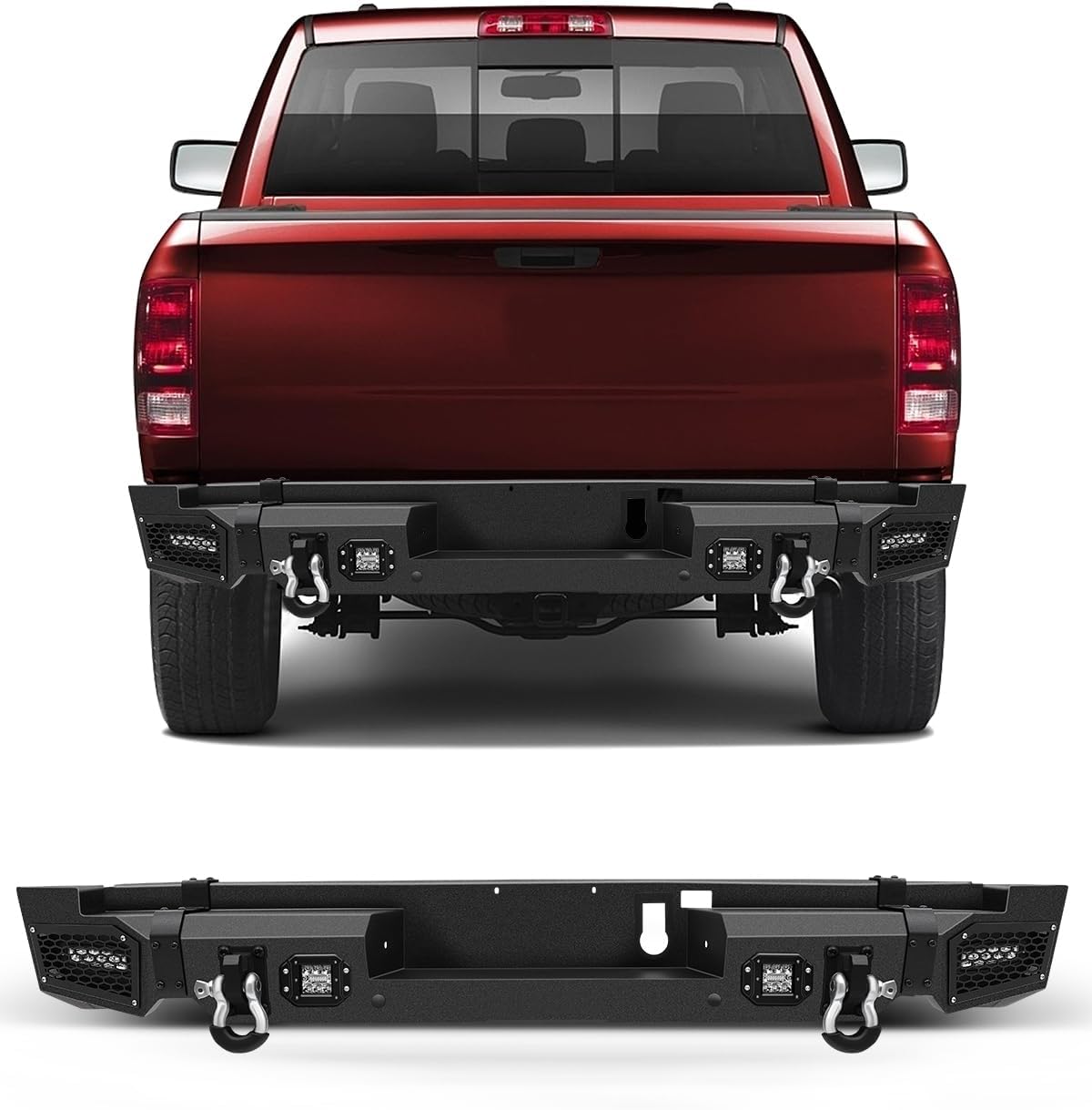 SCITOO Rear Bumper Textured Black fit for 2019-2021 for Dodge Ram 1500,2019-2020 for Dodge Ram 1500 Classic Rock Crawler Bumper w/D-ring + LED Lights(Except classics)