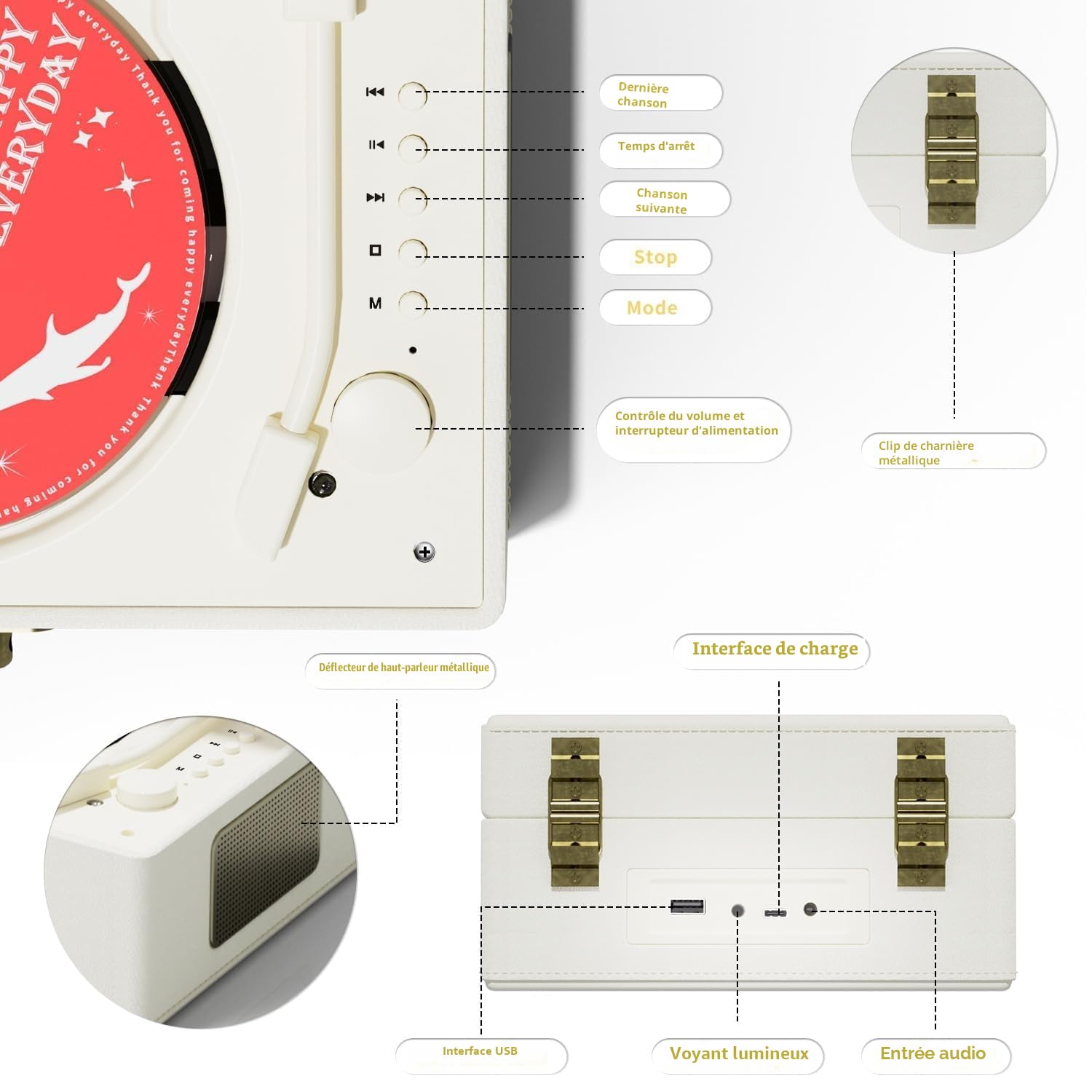 Lecteur CD en Cuir Rechargeable avec Haut-parleurs, transmetteur Bluetooth, Cadeau Festival, Lecteur BGM pour décoration d'intérieur