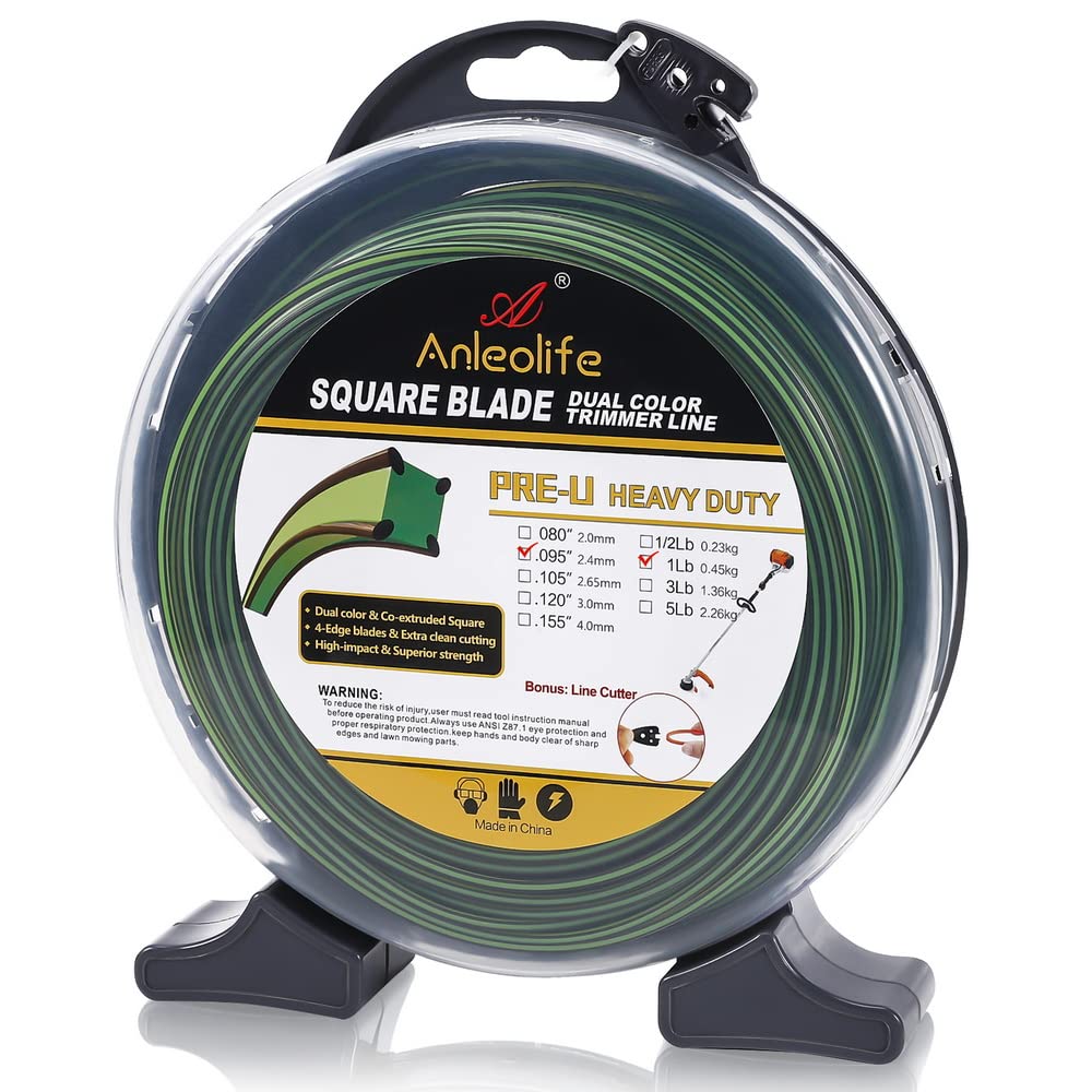 A ANLEOLIFE 1-Pound Commercial Square .095-Inch-by-230-ft Trimmer Line Donut,Pre-U Co-Extruded Multi-Blade Weed Eater String, Green