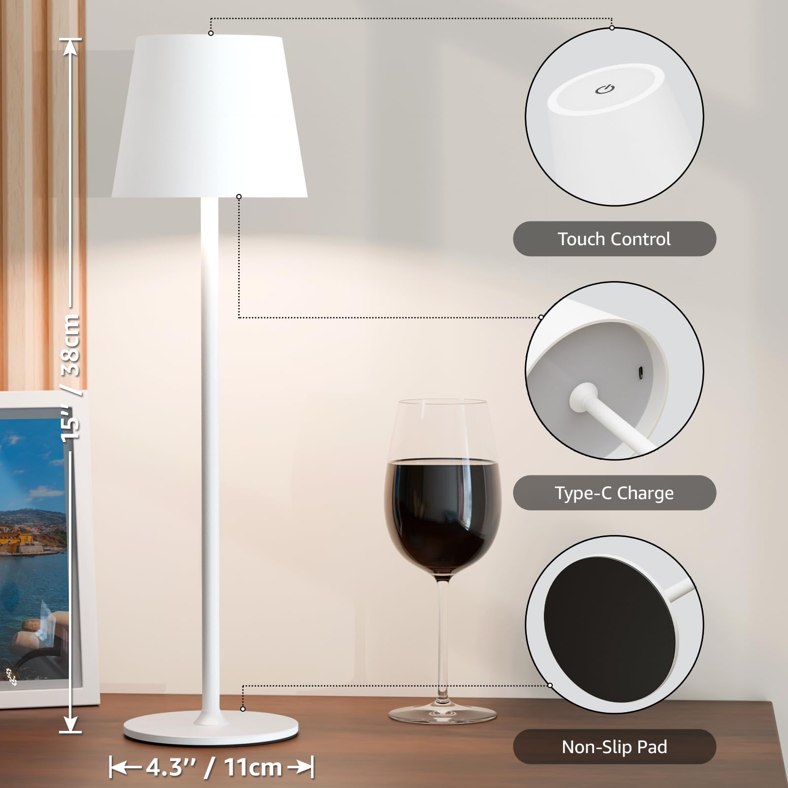 uuffoo Confezione da 3 lampade da tavolo senza fili, ricaricabili a batteria, 5000 mAh, luci LED touch control portatili, 3 colori dimmerabili, per esterni, caffè, camera da letto, cucina (bianco)