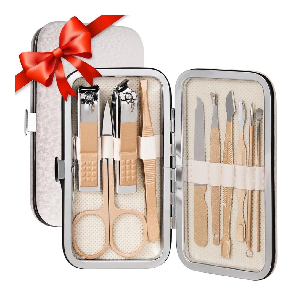 Cortaúñas, Set de manicura de Acero Inoxidable 10 en 1 con Estuche de Cuero, Kit de uñas de Regalo para Viajes