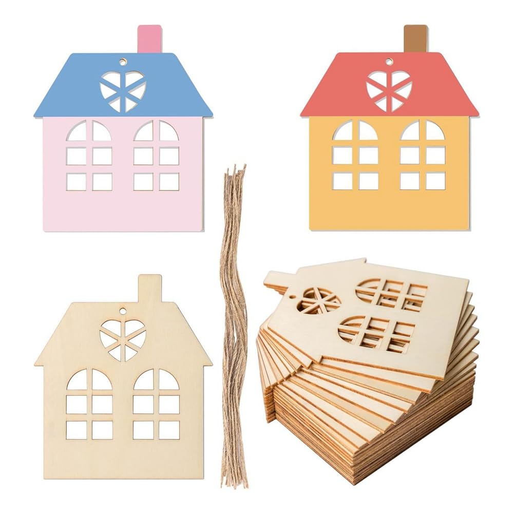 CTRLZS 50PCS Unfinished House Shape Wooden Tag Set Kit Hanging Wood Cutout Blank Wood Slices Wooden Gift Tags Kit with Twine