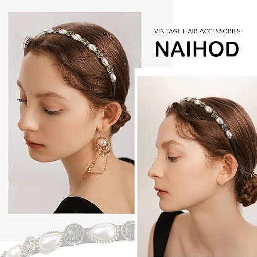 Miniatura 4 de 3 diademas finas con perlas de diamantes de imitación para mujeres y niñas, bandas de pelo vintage de lujo para el cabello de mujer con tela