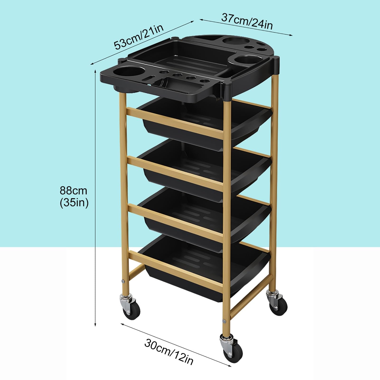 Carrito Peluqueria Carrito Auxiliar con Ruedas 5 Niveles Carrito Organizador Carro Peluqueria con Bandeja Superior Plegable(Gold)