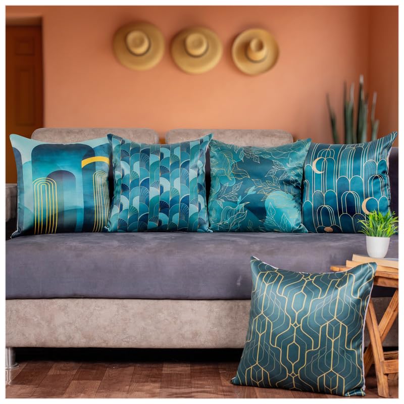 Vendola Decorative Satin Sofa Cushion Covers Set of 5, 18 inch x 18 inch, Sofa Pillow Cover, Green and Blue, Geometrical Design, Zipper Closure (Verdent, 18X18 Inches)