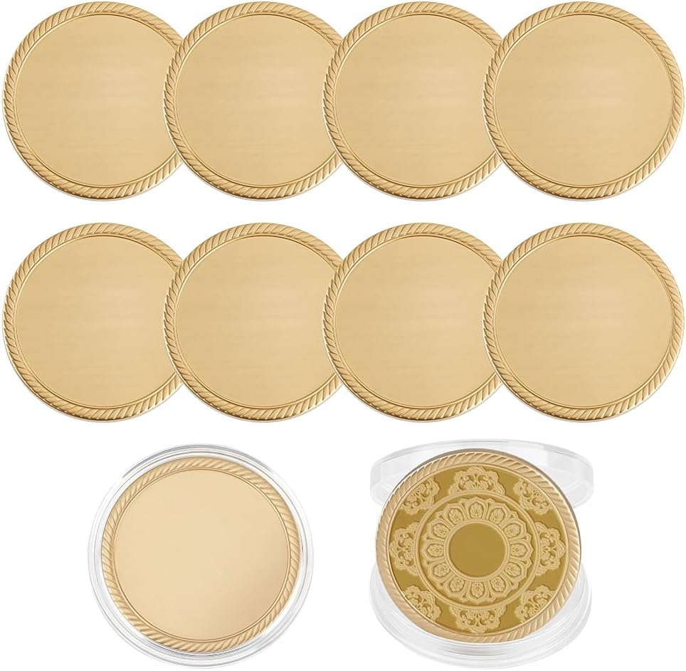 BENECREAT 10 Pcs Brass Blank Challenge Coin, 40 mm Unfinished Challenge Coin Blanks, Laser Engraving Blanks with Acrylic Protection Box for DIY Crafts Engraving Travel Commemorative Collection