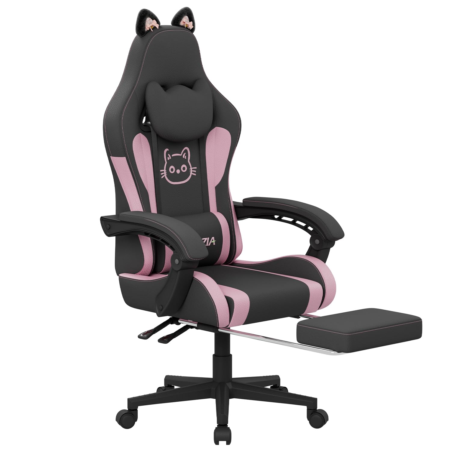 bigzzia Silla Gaming,Silla Gaming ergonómica con Orejas de Gato para niñas y Adultos, Silla de Juegos de Ordenador Ajustable en Altura con reposacabezas y Soporte Lumbar de Masaje (Negro Rosa)