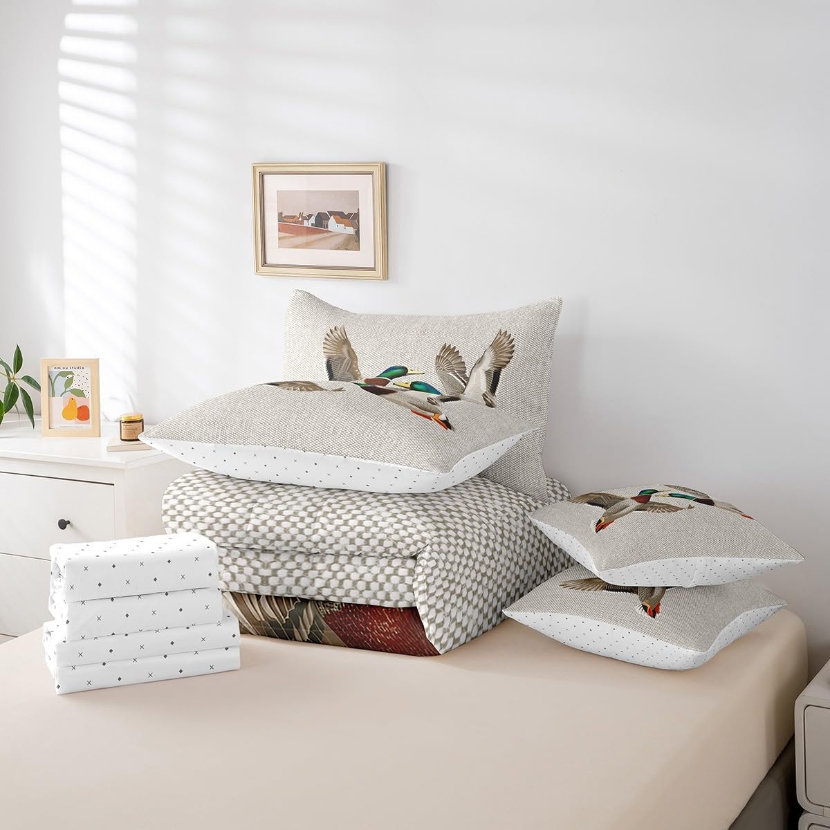 Erosebridal Wild Animal Bed in a Bag 7pcs Mallard Duck Bedding Set, Modern Geometric Hexagon Queen Size Comforter Set Hunting Theme Bedding Comforter Sets, Farmhouse Lake Wildlife Bed Set
