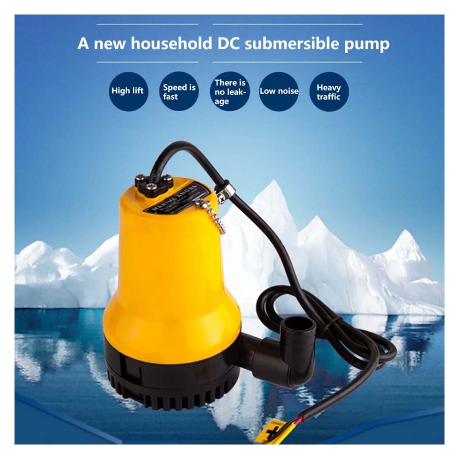 Pompe submersible réglable de petite taille, pompe de cale submersible sans balais, coque solide, avec chaîne, filtre amovible, mini pompe à eau jaune vif 12 V CC, débit de 4,5 m/h