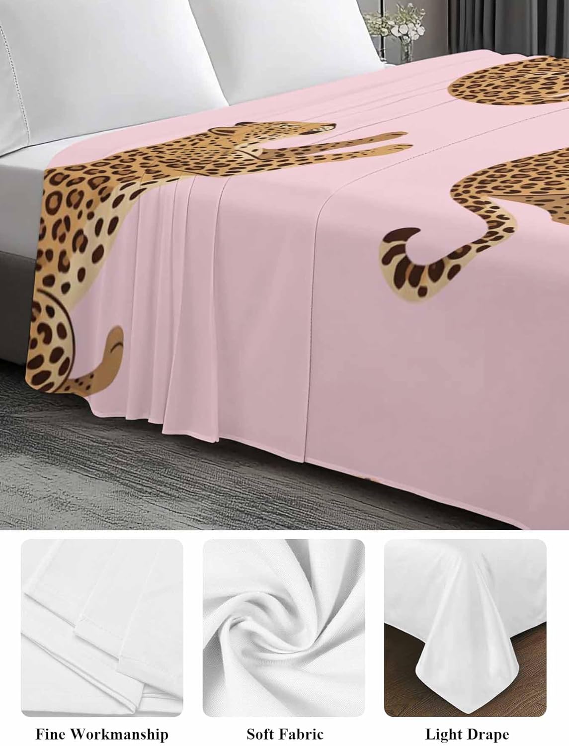 Top Sheet King Bedding Flat Sheet Only, Abstract Panthers on Pink Microfiber Bed Sheets Soft Breathable Bedding Flat Sheets, Summer Tropical Animals Hotel Luxury Top Sheets