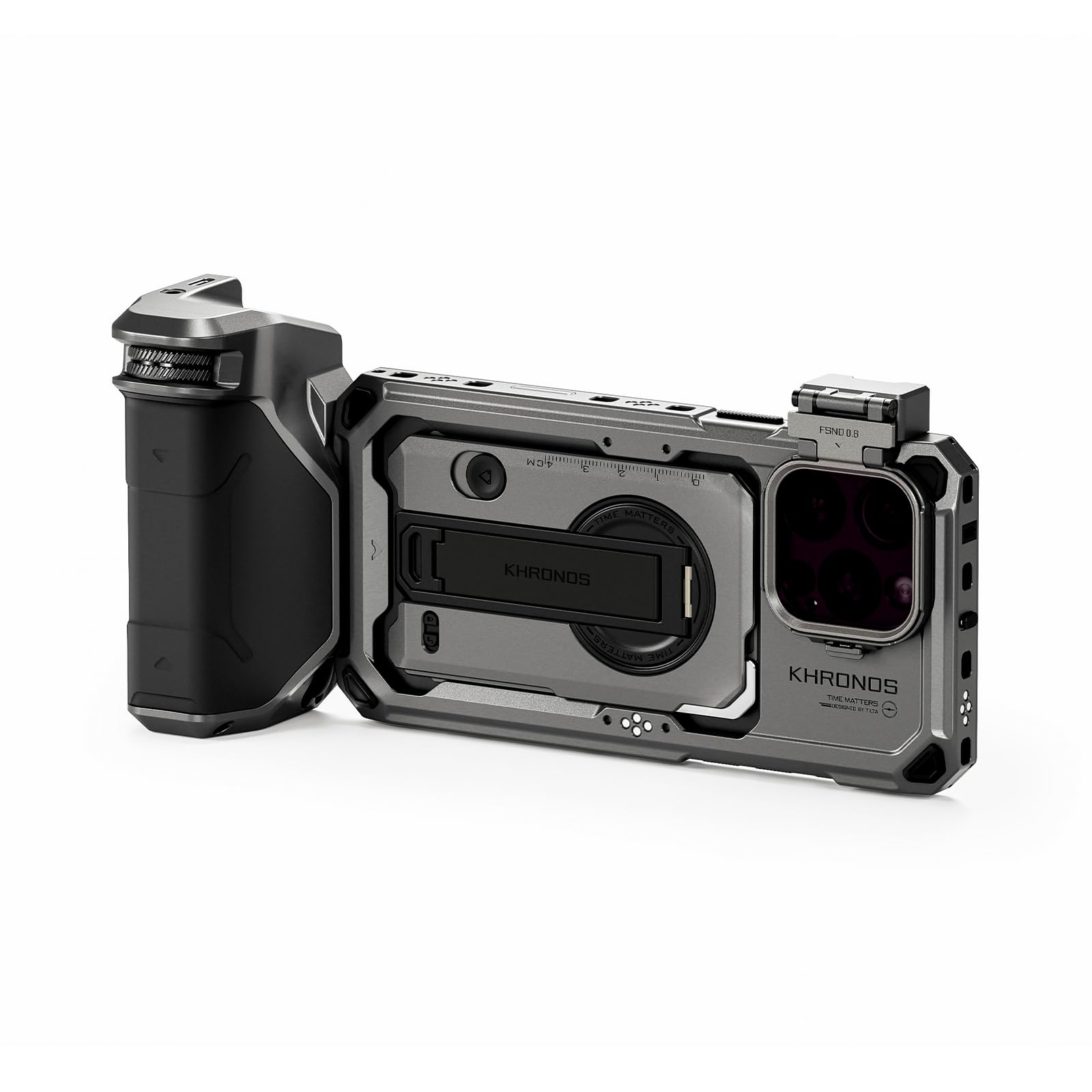 Tilta Khronos TK-IP16-PMA-SG Cage de téléphone compatible avec iPhone 16 Pro Max avec poignée Focus PD, plateau de filtre à dégagement rapide et kit portable de filtre FSND magnétique – Gris sidéral