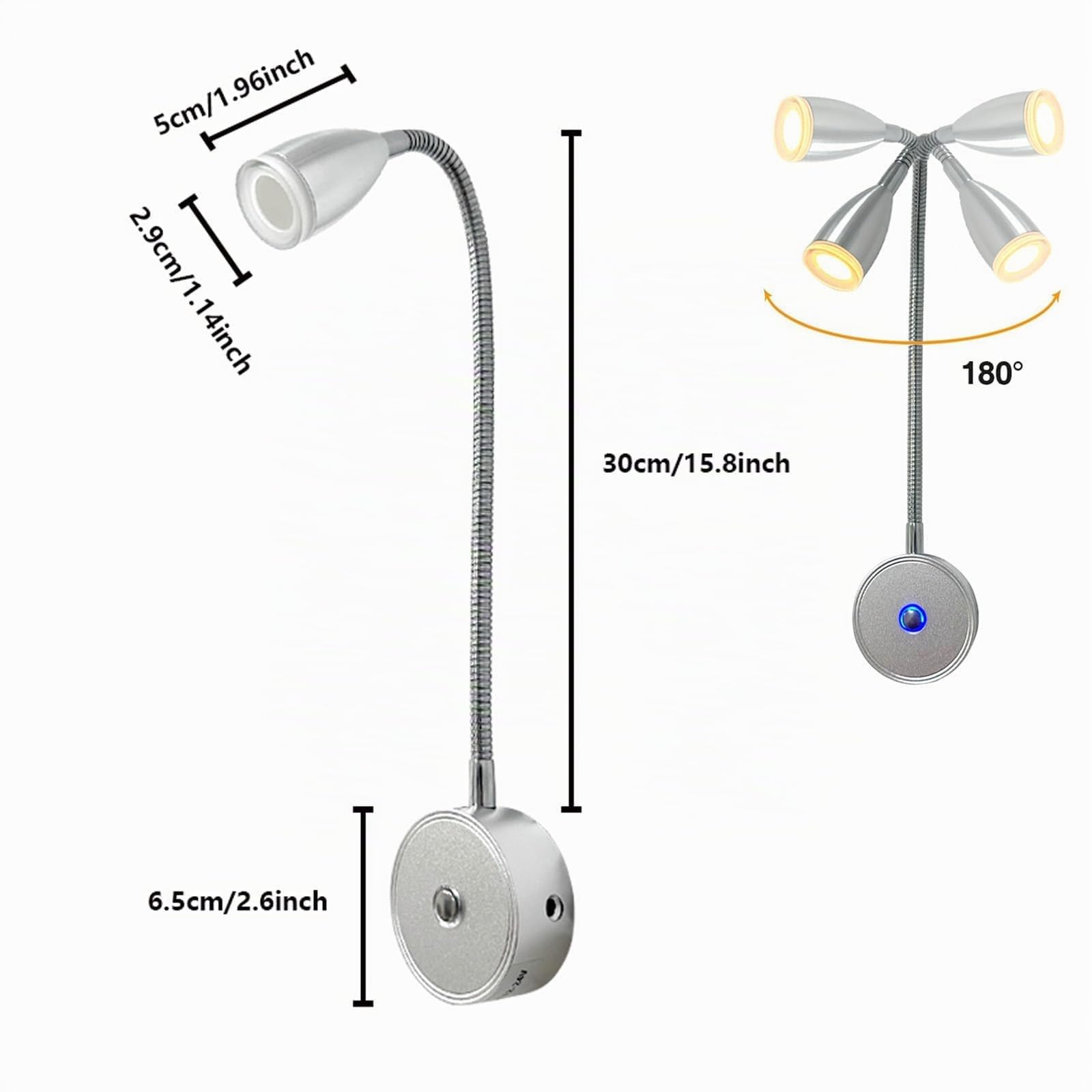 Lampada da lettura a LED 12 V, 3 temperature di colore, 3 W, dimmerabile, collo di cigno flessibile, DC12-24 V, per auto, camion, camper, campeggio, barca (2 pezzi)