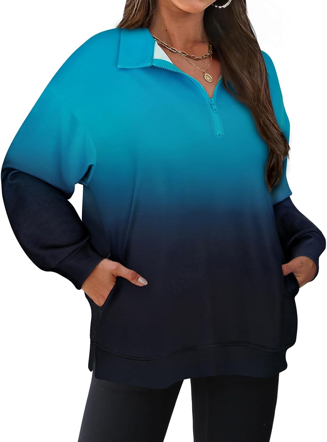 Misyula Style Plus Size Sweatshirts for Women Pockets Quarter Zip Pullover Long Sleeve Drop Shoulder Oversized Tops