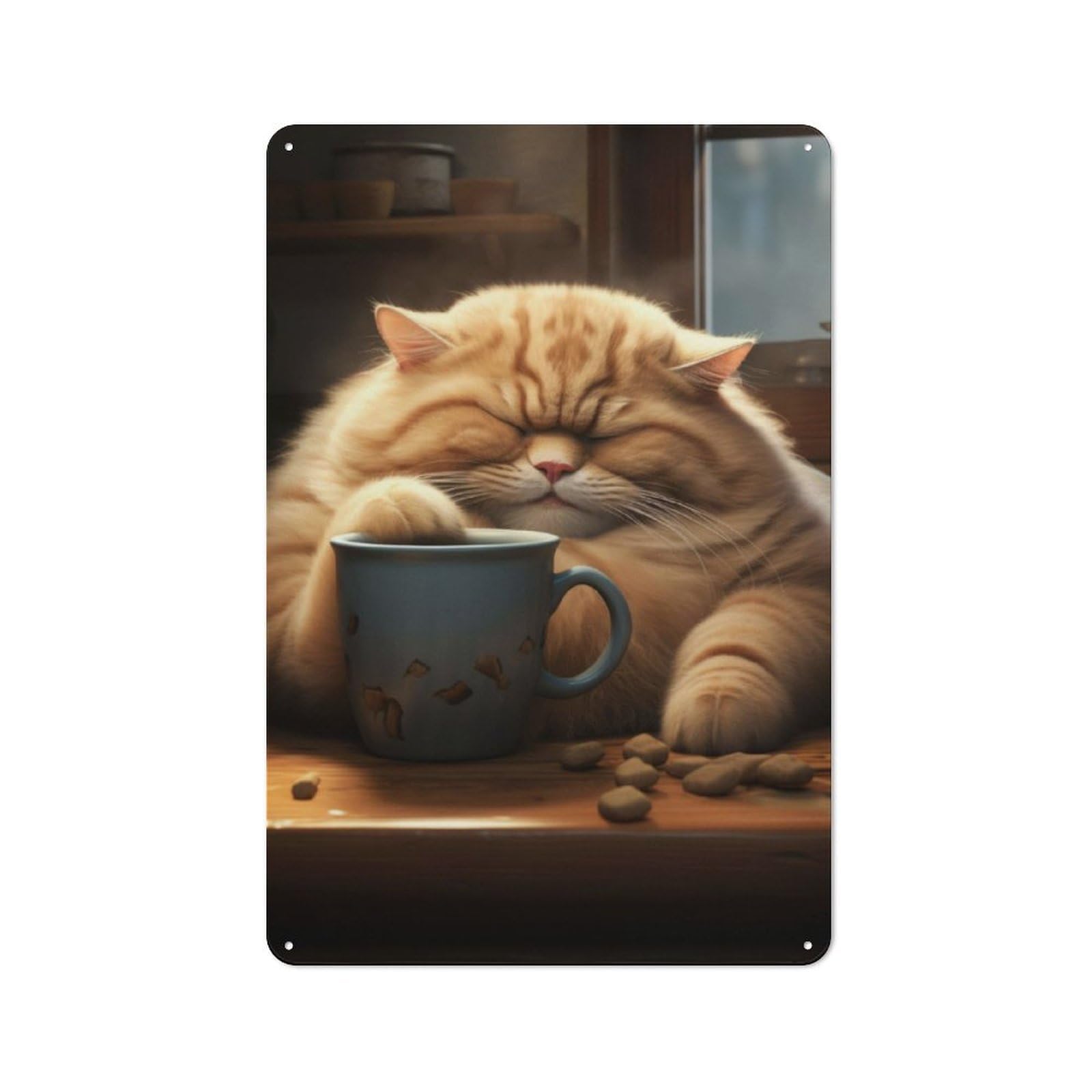 Junmoney Fat Coffee Cat Animal Printed Metal Sign 30X20cm For Kitchen Or Home Bar, Housewarming Present For People Styling Kitchen And Home Bar