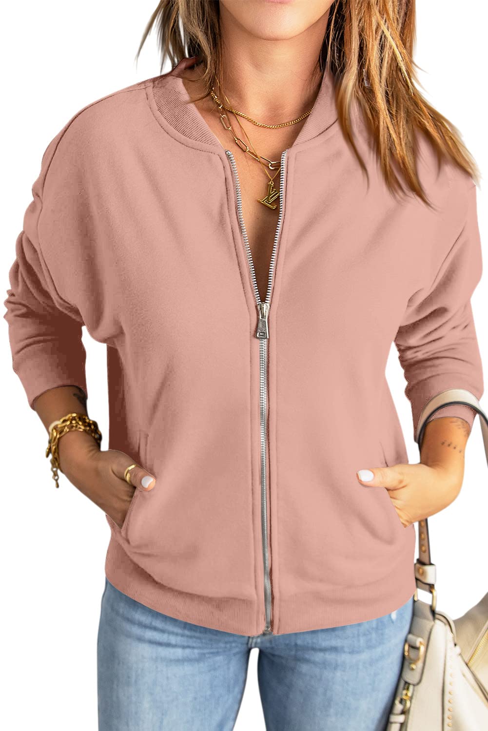 GeGekoko Zip Sweatshirt Damen übergroße Jacket Sweatshirt Einfarbige Loose Langarm Tops Oberteile mit Tasche