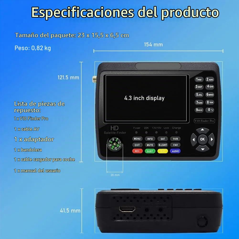 Medidor de Campo TDT, Buscador de señal de TV satelital V10 Finder Max HD, medidor de señal DVB-S/S2/S2X, decodificación H.265 de 10 bits, 1080P HD
