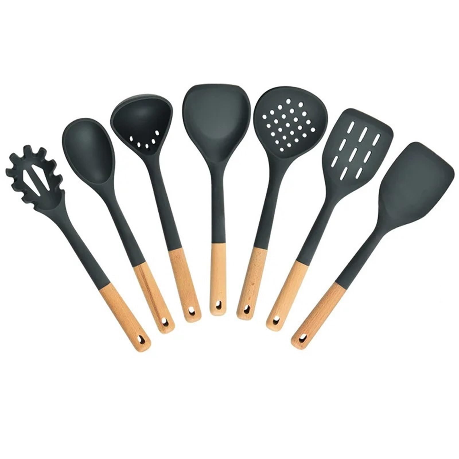 Ensemble d'ustensiles de cuisine en silicone 7 pièces avec poignées bois. Ustensiles : spatule, passoire, à friture Pour Cuisson