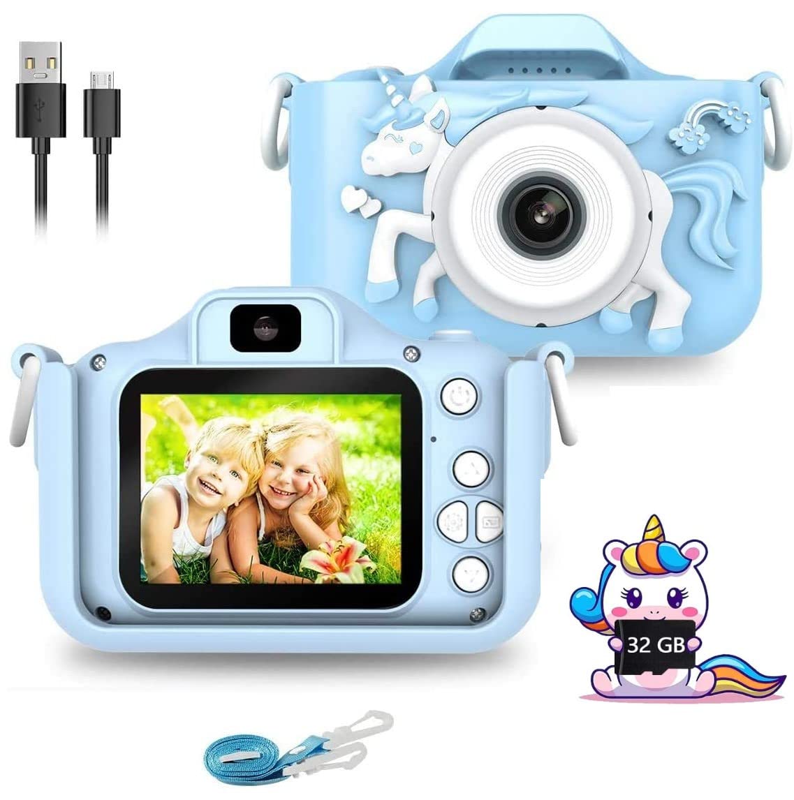 CADDLE & TOES Kids Camera for Girls, 1080P HD 2.0 Inch Screen with 32GB SD Card, Baby Unicorn, Baby Blue
