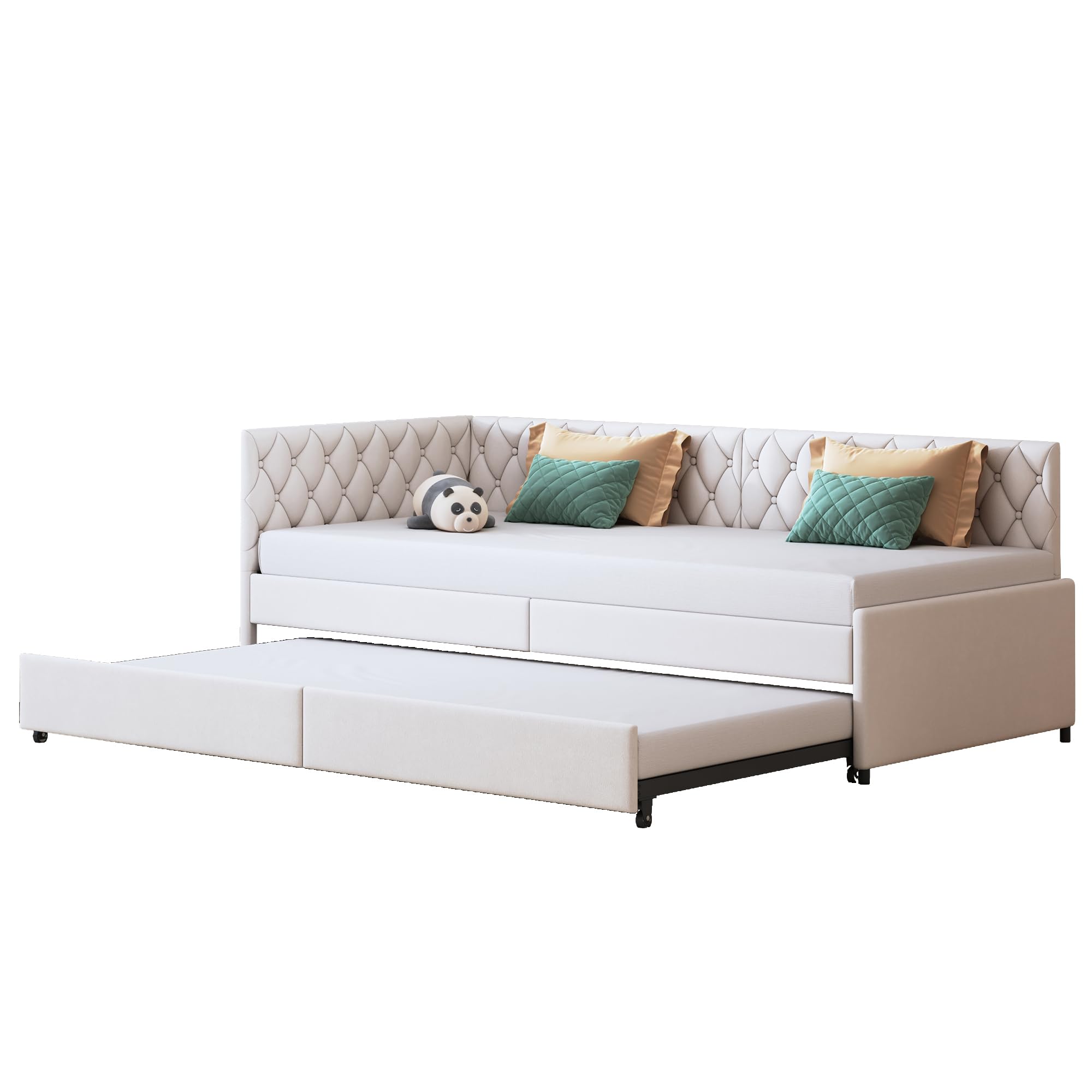 Ausziehbares Schlafsofa 90x200 cm aus Samt Beige - 3-in-1 Tagesbett Funktionsbett mit Lattenrost - Polsterbett für Gästezimmer & Jugendzimmer - Platzsparendes Doppelbett erweiterbar bis 180x200 cm