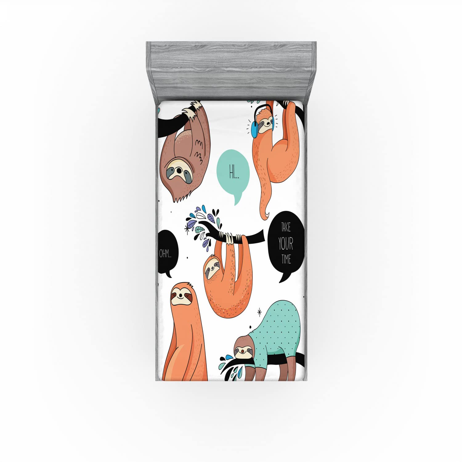 Ambesonne Animal 2 Pack Fitted Sheet, Smiling Sloth Cartoon, Bed Cover All-Round Elastic Deep Pockets 2 Pieces, Package Contains 2 Twin Size Fitted Sheets, Salmon Teal