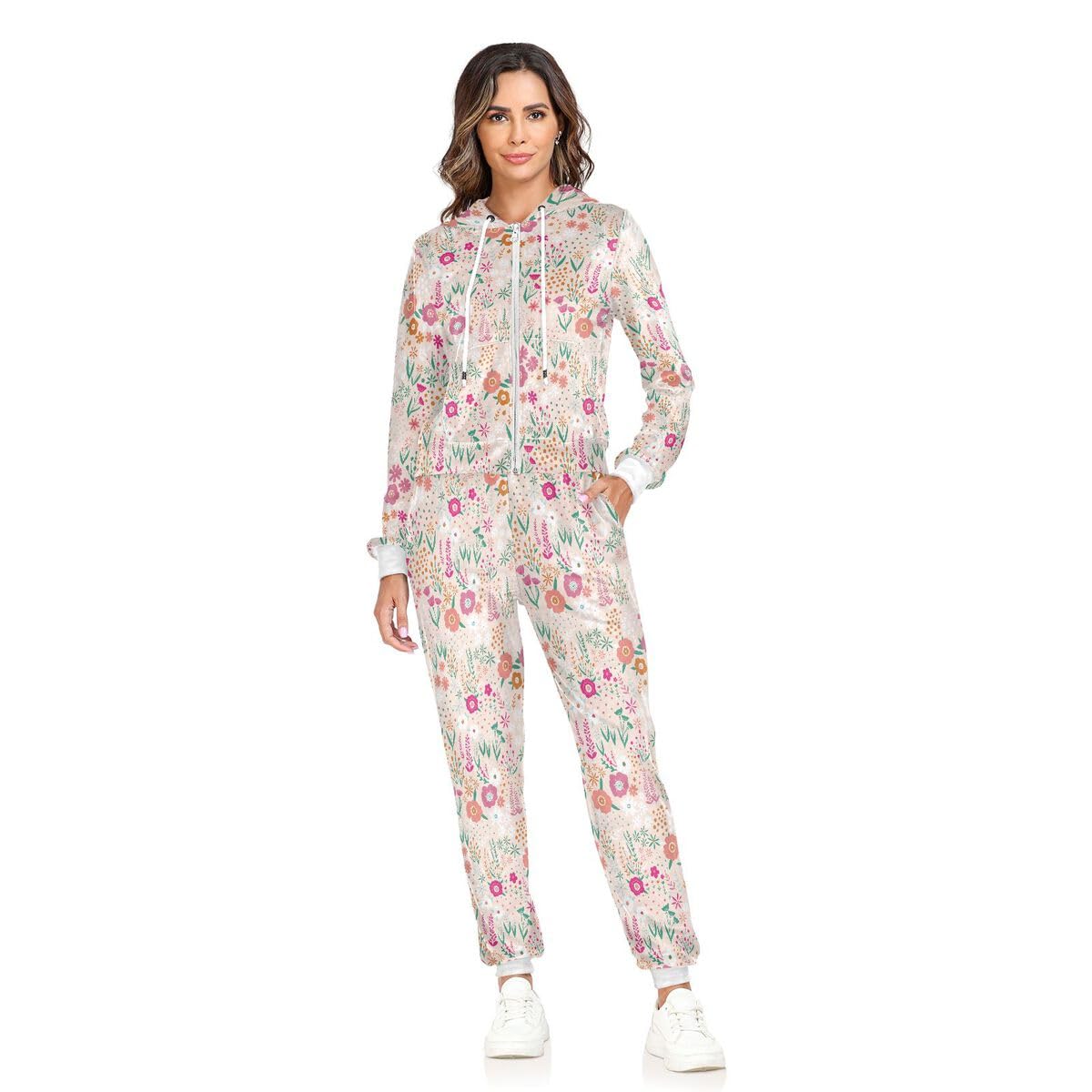 Conjunto deportivo de 2 piezas para mujer, diseño floral abstracto de flores, manga larga, conjunto deportivo de primavera Leavevs